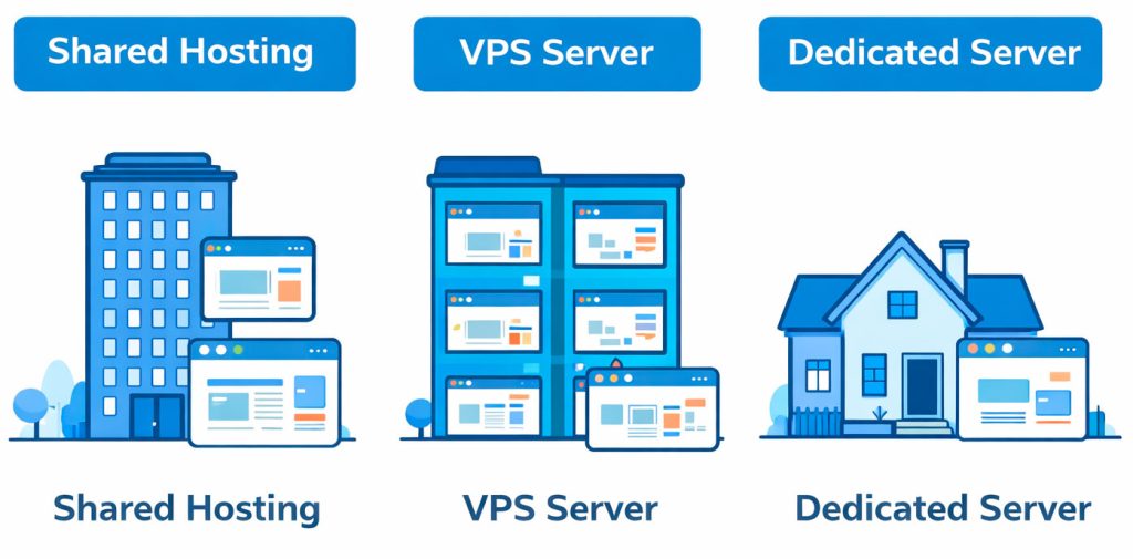 3 вида хостинга: виртуальный хостинг, vps, выделенный