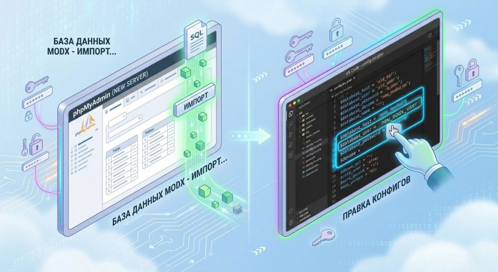 правка конфигов при переезде сайта modx