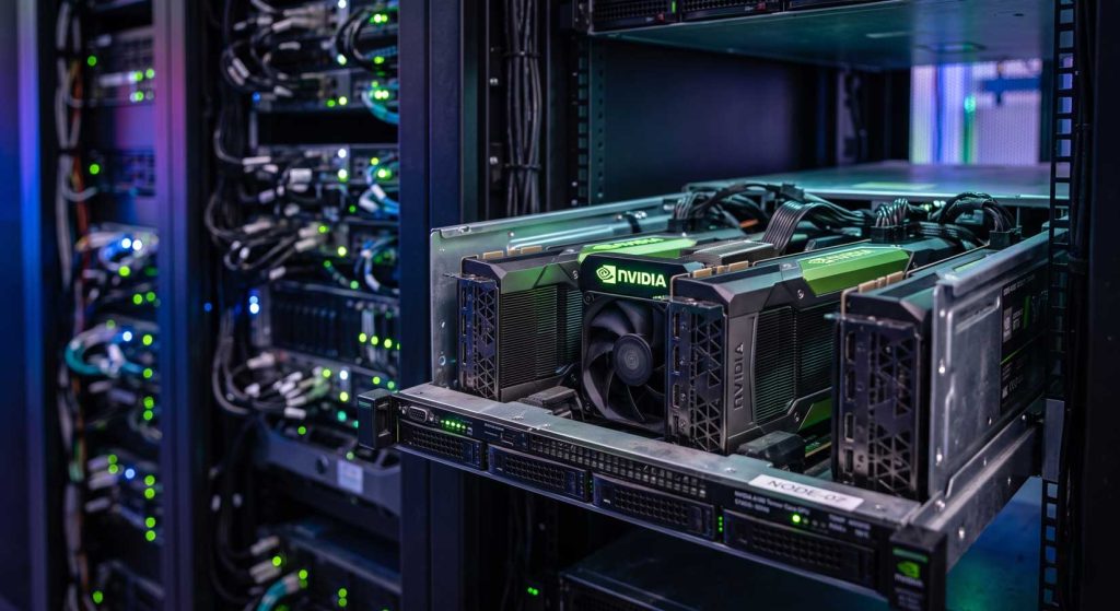 Стойка с мощными GPU-ускорителями NVIDIA в дата-центре